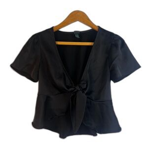 Wild Fable Dressy Glossy Cropped Ribbon Tie Front Shawl Satin Cardigan Size XS